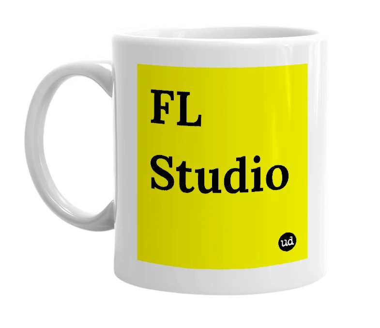 White mug with 'FL Studio' in bold black letters