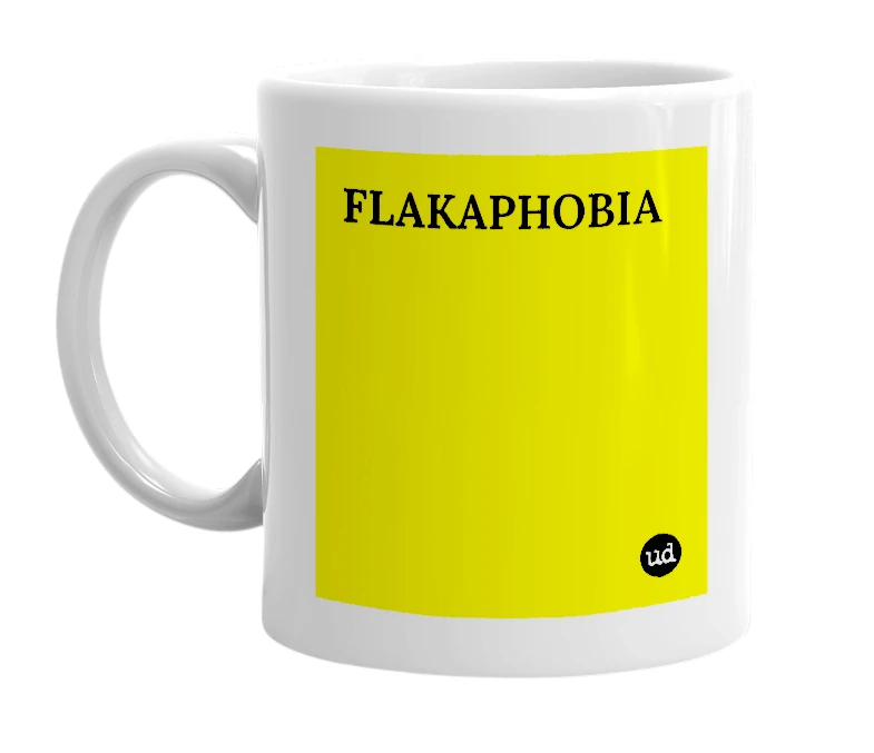 White mug with 'FLAKAPHOBIA' in bold black letters