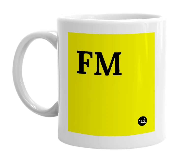 White mug with 'FM' in bold black letters