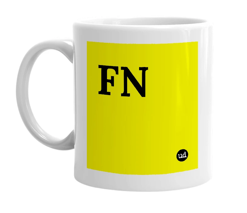 White mug with 'FN' in bold black letters