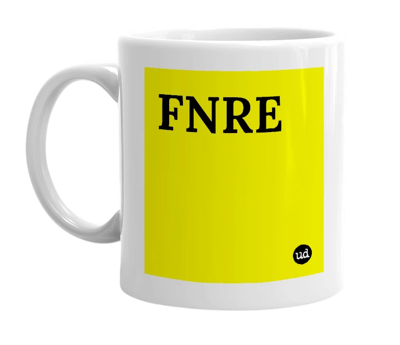 White mug with 'FNRE' in bold black letters
