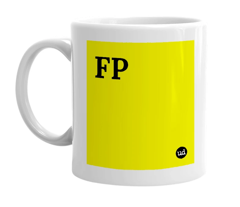 White mug with 'FP' in bold black letters