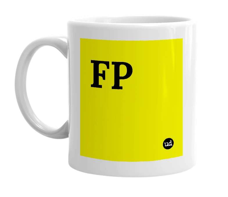 White mug with 'FP' in bold black letters