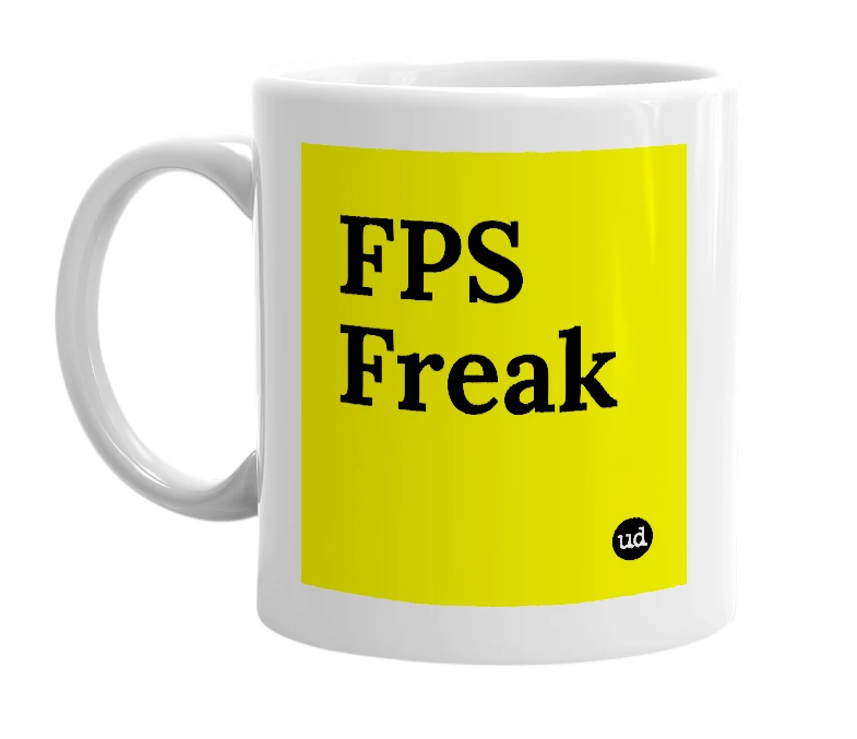 White mug with 'FPS Freak' in bold black letters