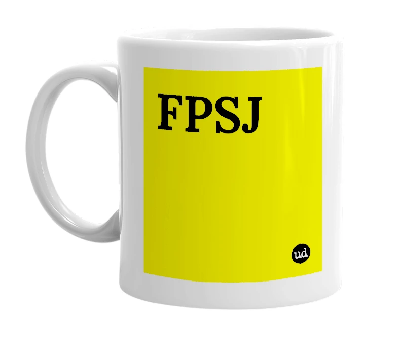 White mug with 'FPSJ' in bold black letters