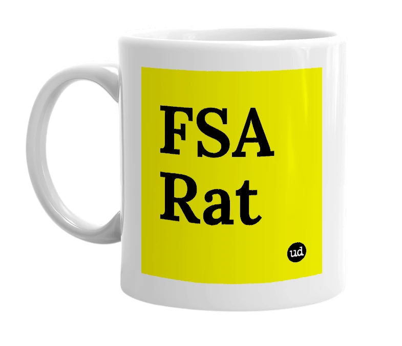 White mug with 'FSA Rat' in bold black letters