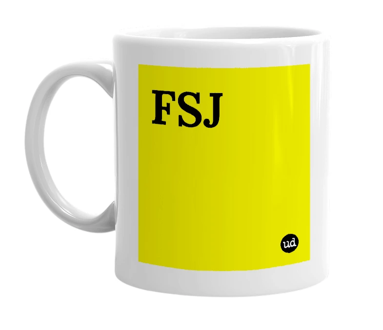 White mug with 'FSJ' in bold black letters
