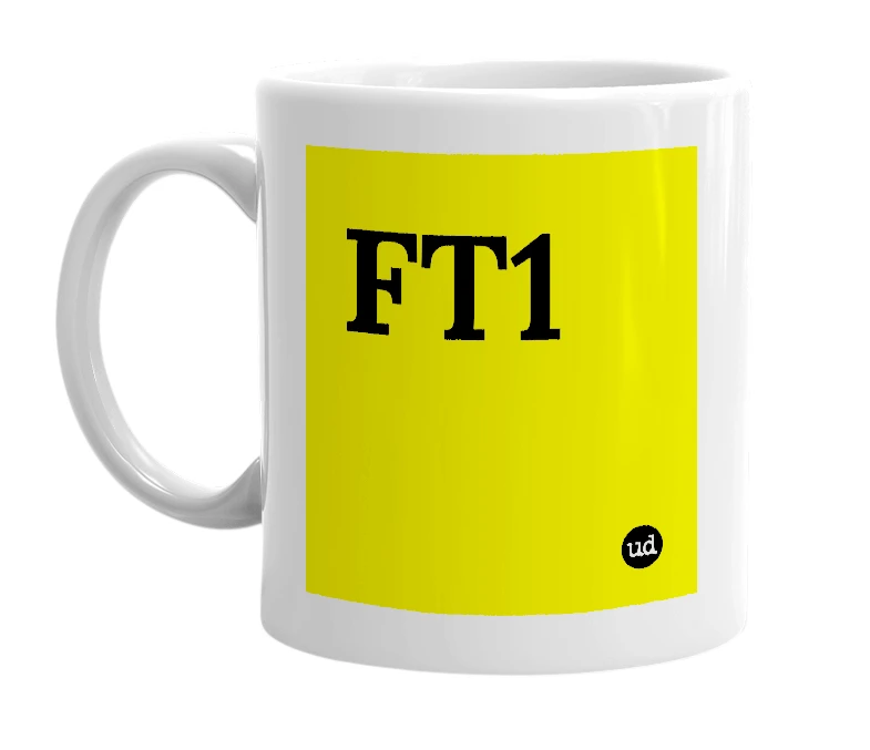 White mug with 'FT1' in bold black letters