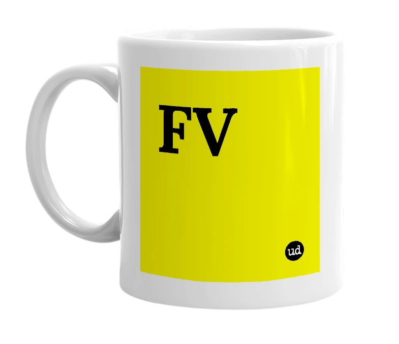 White mug with 'FV' in bold black letters