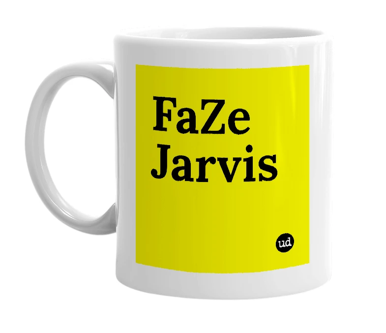 White mug with 'FaZe Jarvis' in bold black letters