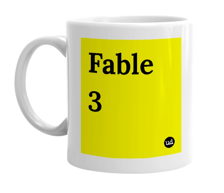 White mug with 'Fable 3' in bold black letters