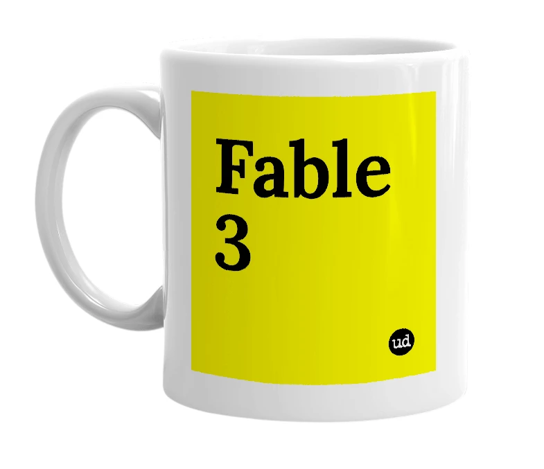 White mug with 'Fable 3' in bold black letters