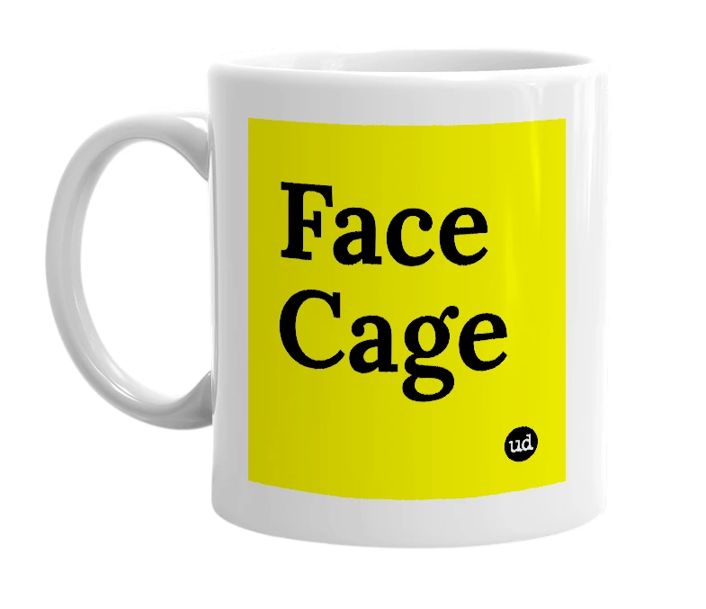 White mug with 'Face Cage' in bold black letters