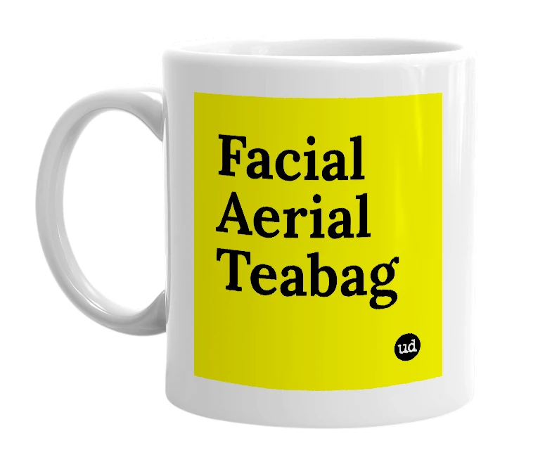White mug with 'Facial Aerial Teabag' in bold black letters
