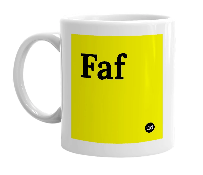 White mug with 'Faf' in bold black letters