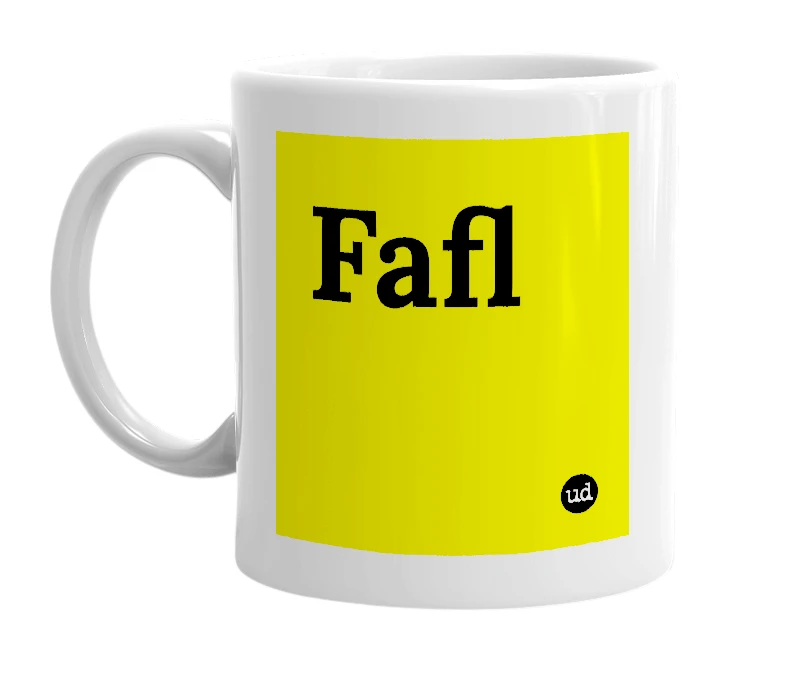 White mug with 'Fafl' in bold black letters