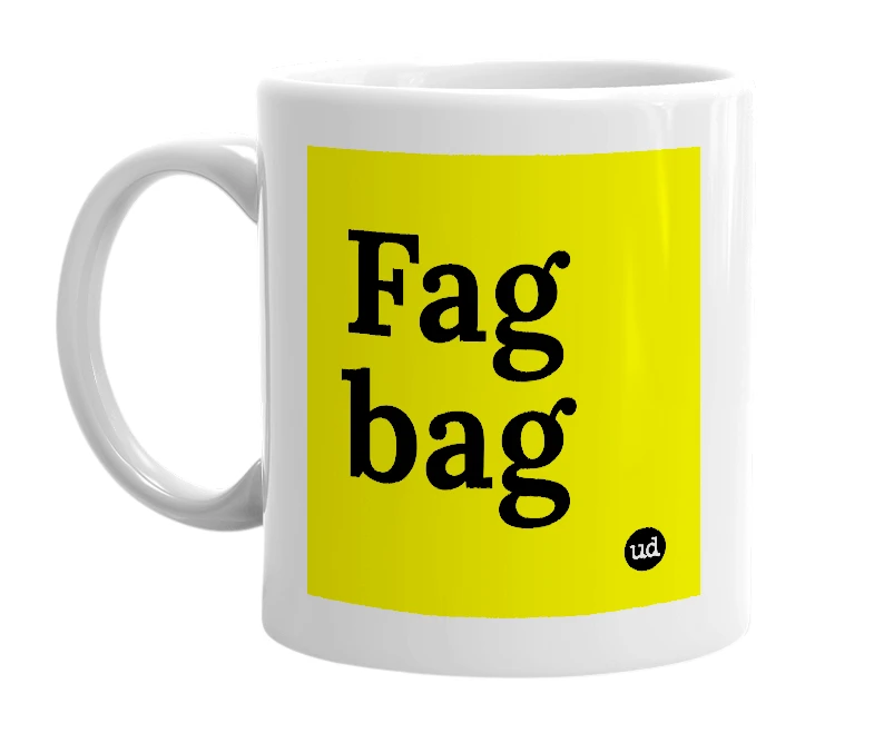 White mug with 'Fag bag' in bold black letters