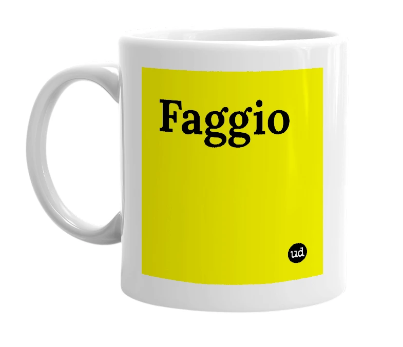 White mug with 'Faggio' in bold black letters