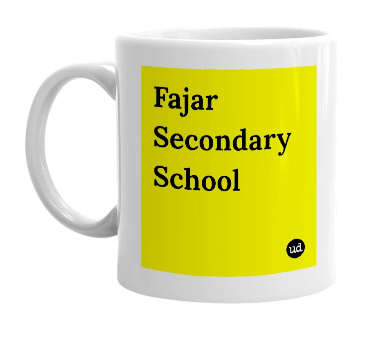 White mug with 'Fajar Secondary School' in bold black letters