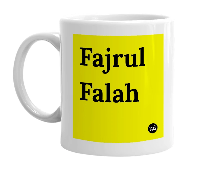 White mug with 'Fajrul Falah' in bold black letters