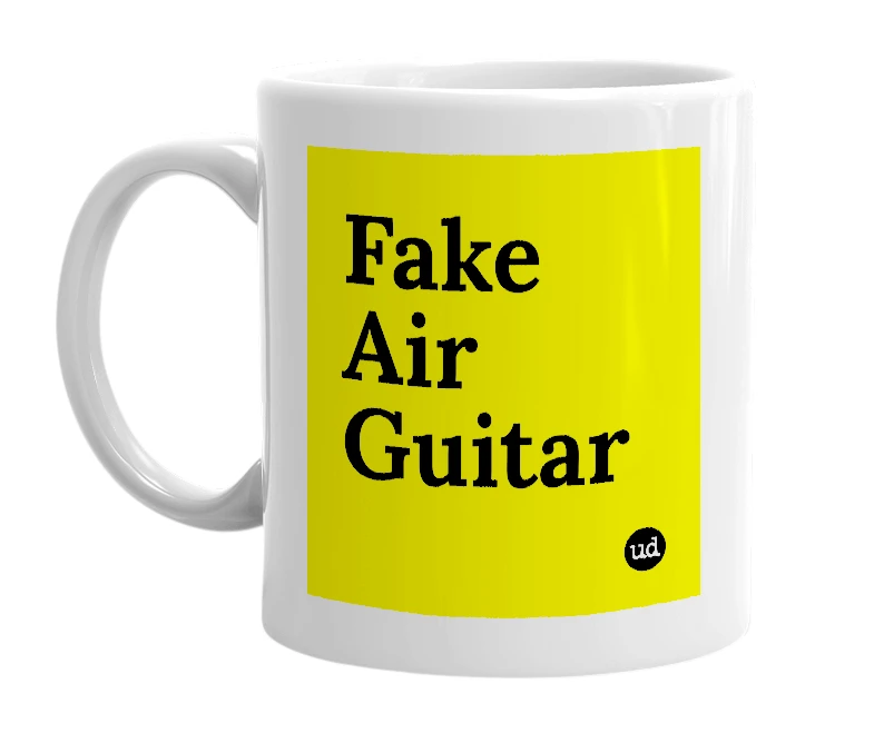 White mug with 'Fake Air Guitar' in bold black letters