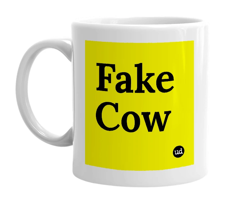 White mug with 'Fake Cow' in bold black letters