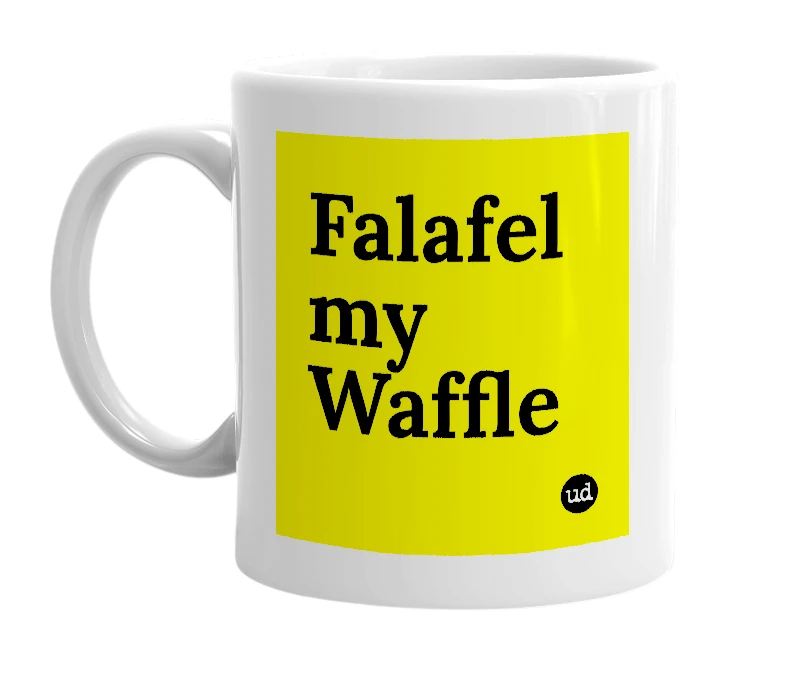 White mug with 'Falafel my Waffle' in bold black letters