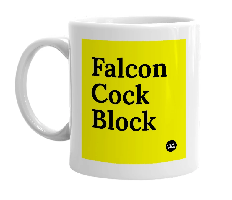 White mug with 'Falcon Cock Block' in bold black letters