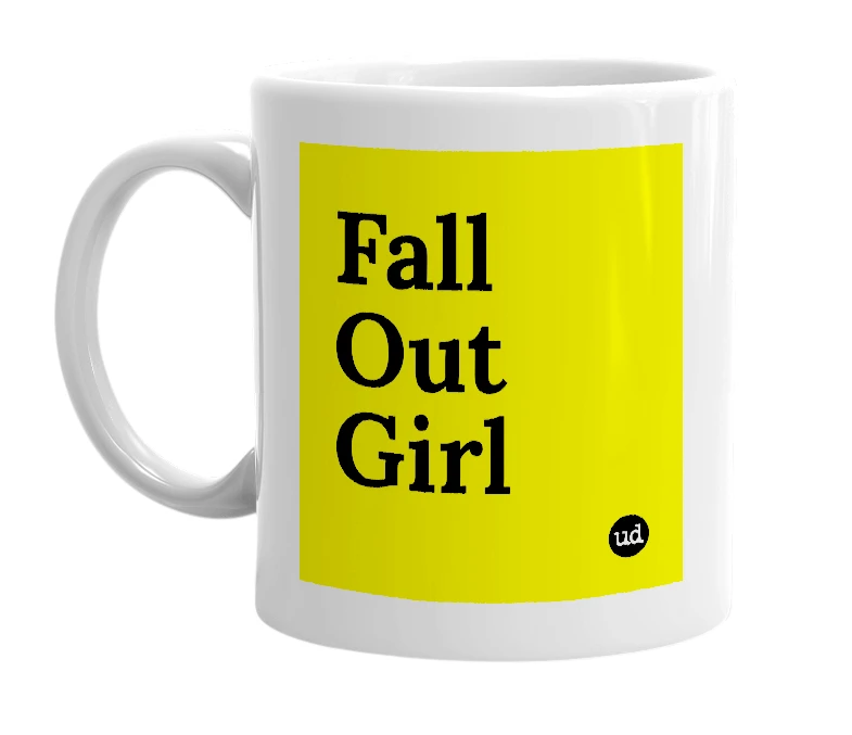 White mug with 'Fall Out Girl' in bold black letters