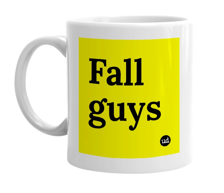 White mug with 'Fall guys' in bold black letters