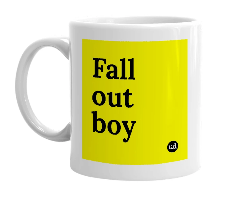 White mug with 'Fall out boy' in bold black letters