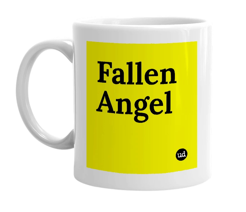 White mug with 'Fallen Angel' in bold black letters