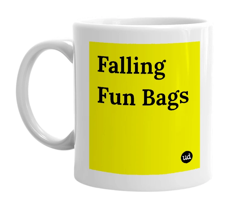 White mug with 'Falling Fun Bags' in bold black letters