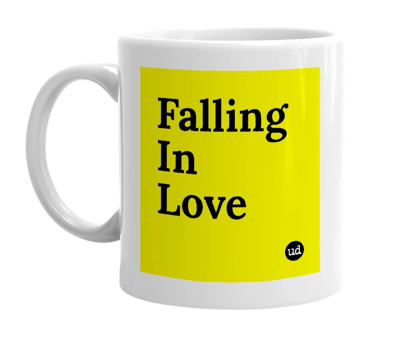 White mug with 'Falling In Love' in bold black letters