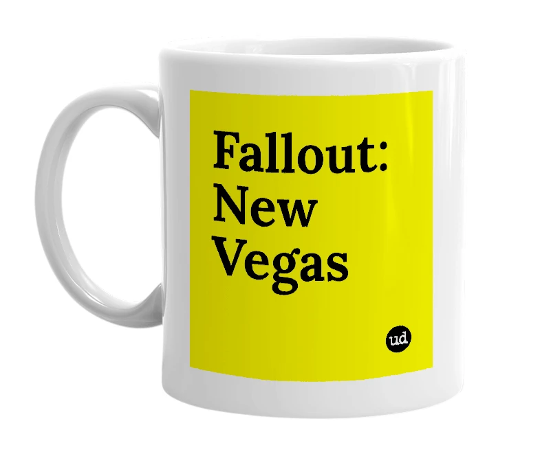 White mug with 'Fallout: New Vegas' in bold black letters