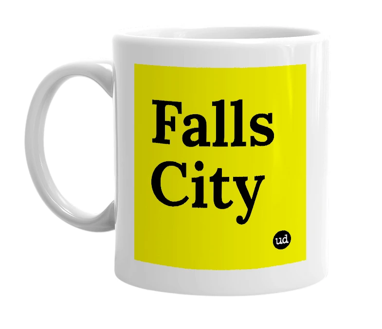 White mug with 'Falls City' in bold black letters