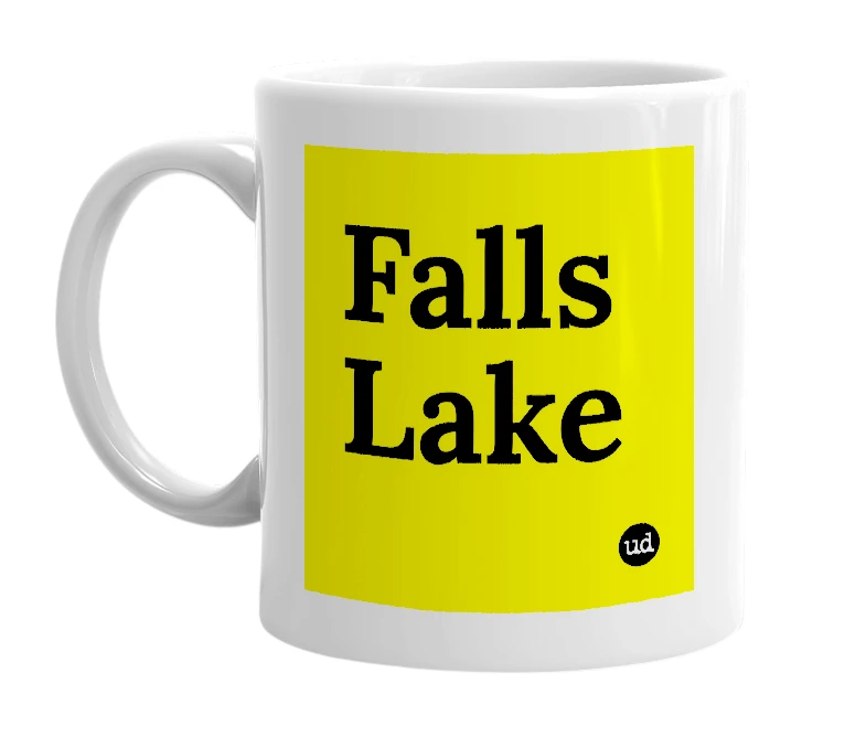 White mug with 'Falls Lake' in bold black letters