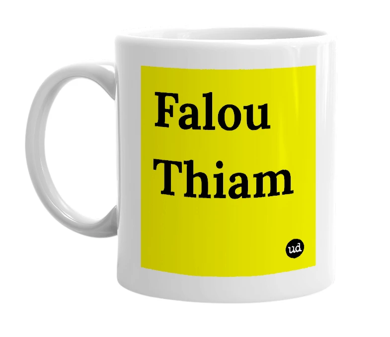 White mug with 'Falou Thiam' in bold black letters