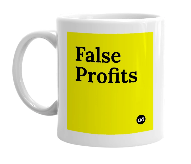 White mug with 'False Profits' in bold black letters