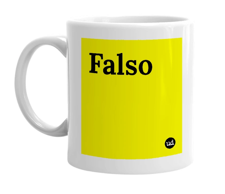 White mug with 'Falso' in bold black letters