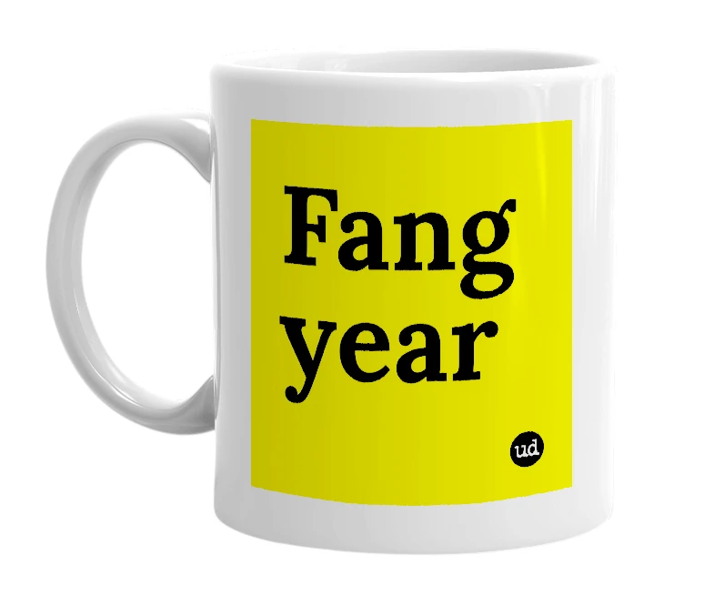 White mug with 'Fang year' in bold black letters