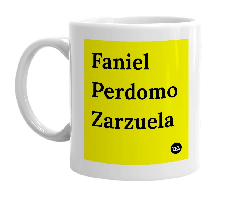 White mug with 'Faniel Perdomo Zarzuela' in bold black letters