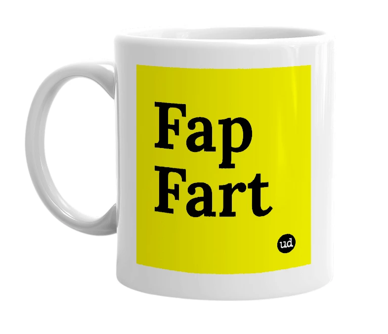 White mug with 'Fap Fart' in bold black letters
