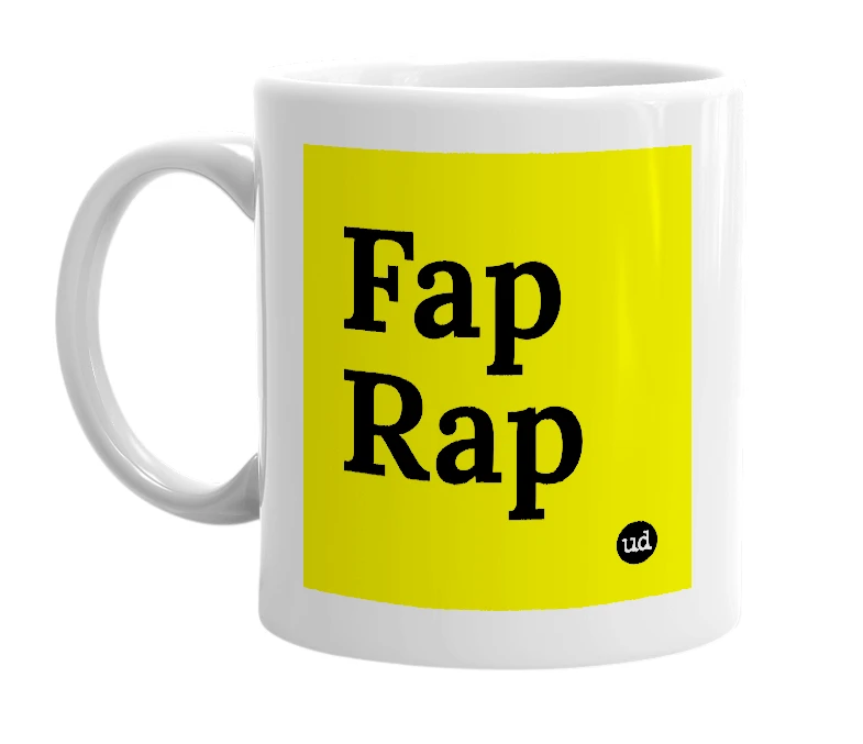 White mug with 'Fap Rap' in bold black letters