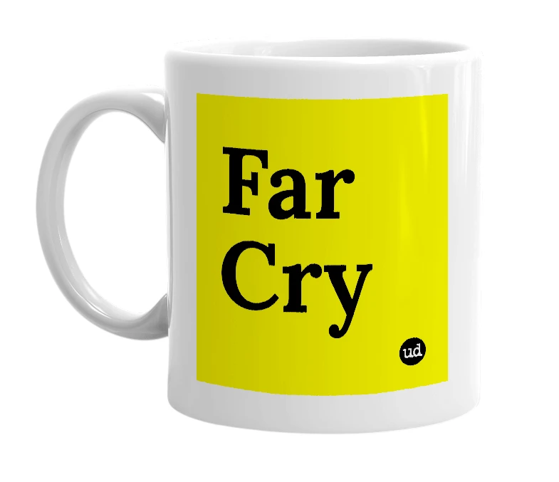 White mug with 'Far Cry' in bold black letters