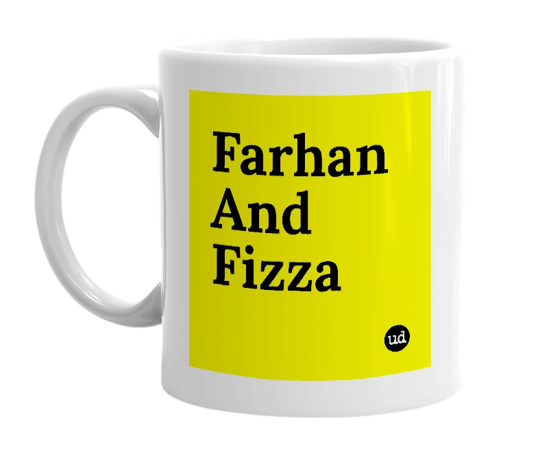 White mug with 'Farhan And Fizza' in bold black letters