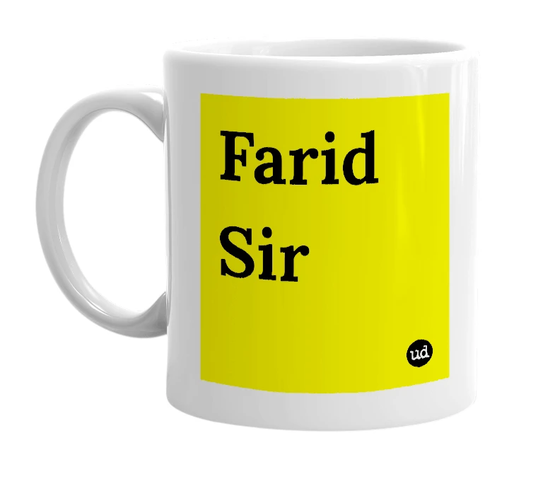 White mug with 'Farid Sir' in bold black letters