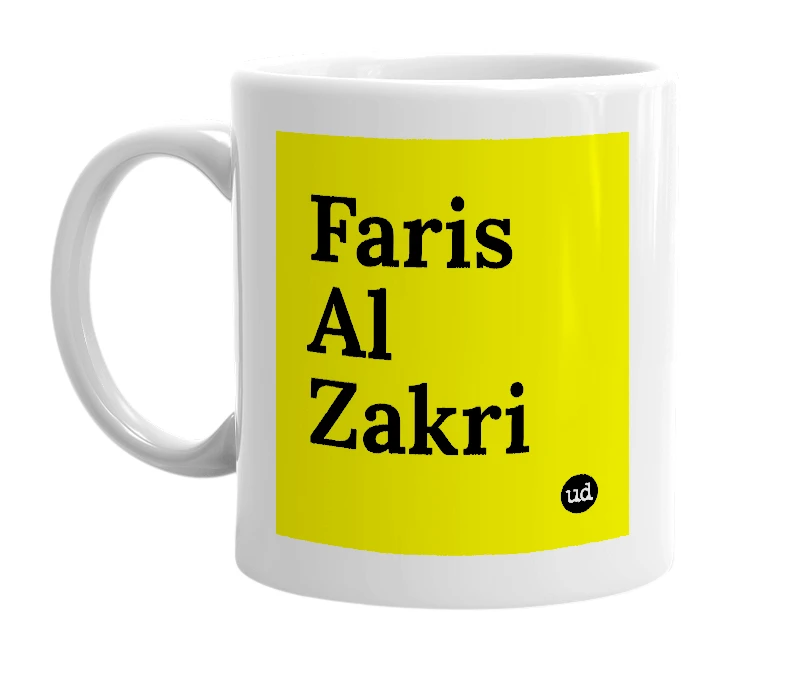 White mug with 'Faris Al Zakri' in bold black letters