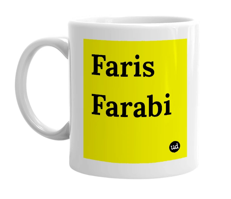 White mug with 'Faris Farabi' in bold black letters