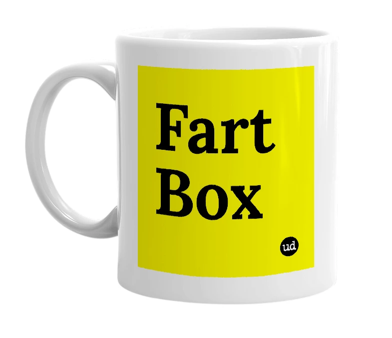 White mug with 'Fart Box' in bold black letters